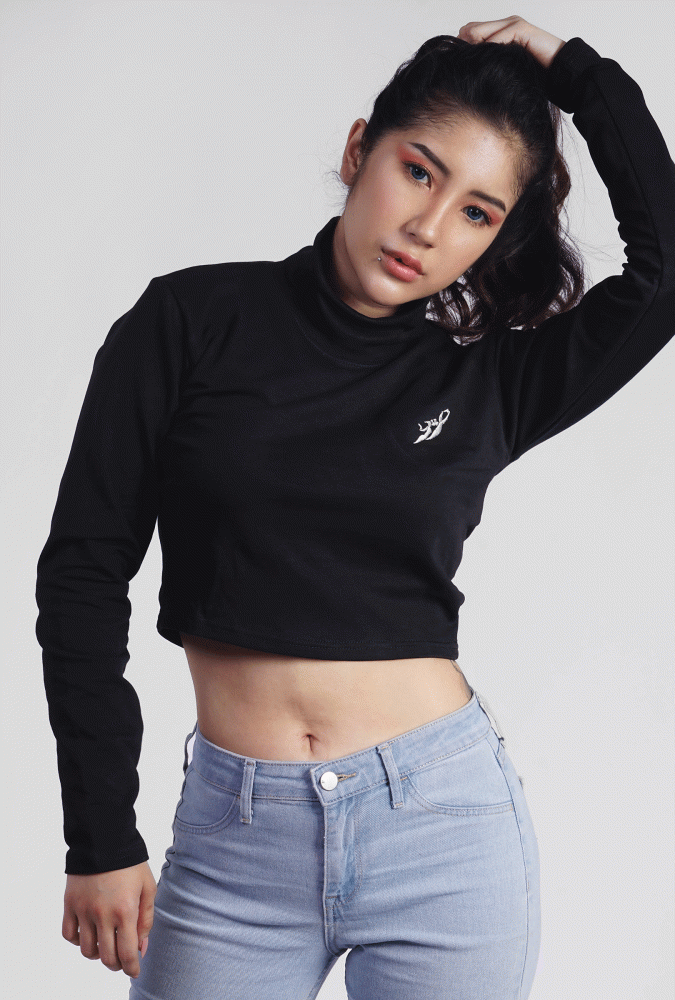 Premium Loop-Cotton Crop Top Long Sleeve (Black)