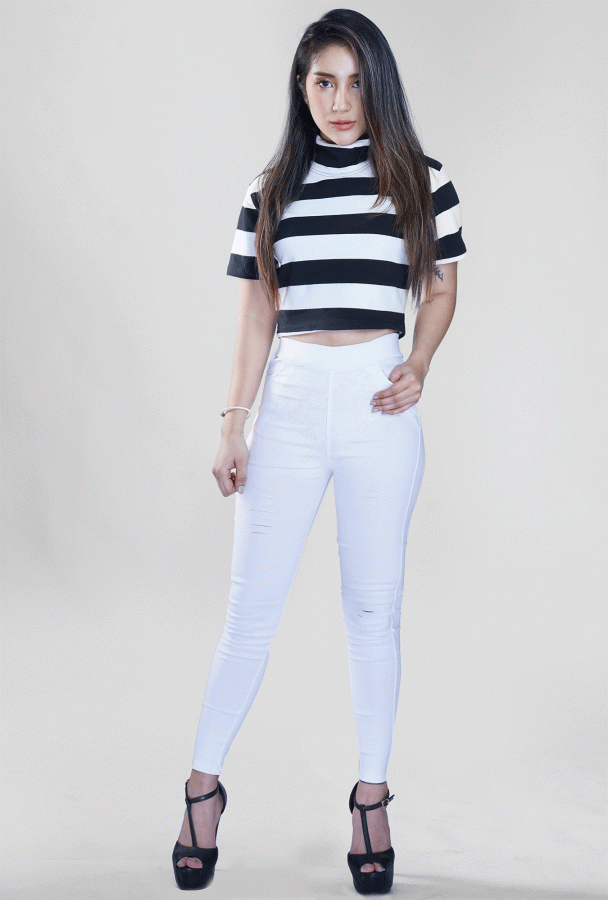 White and Black Stripe Turtleneck  Crop Top