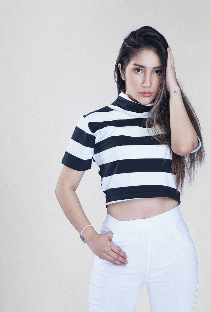 White and Black Stripe Turtleneck  Crop Top