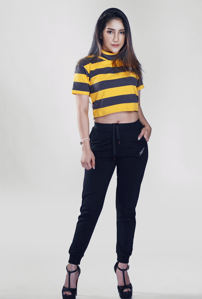 Yellow and Black Stripe Turtleneck  Crop Top