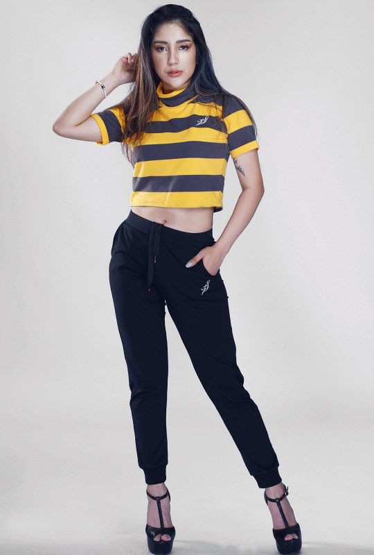 Yellow and Black Stripe Turtleneck  Crop Top