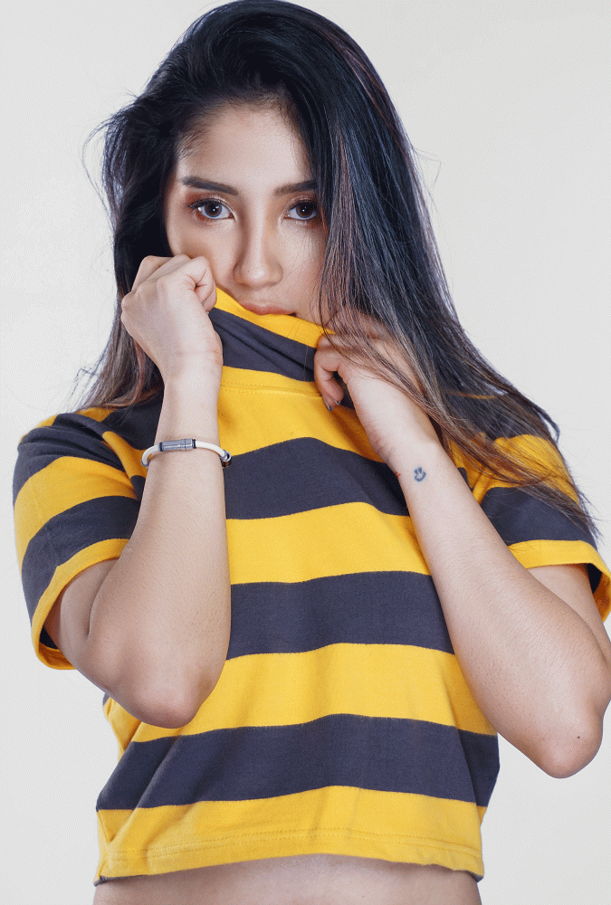 Yellow and Black Stripe Turtleneck  Crop Top