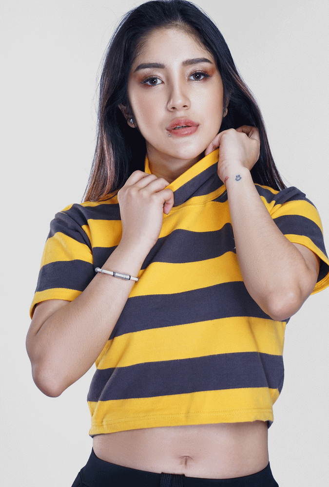 Yellow and Black Stripe Turtleneck  Crop Top