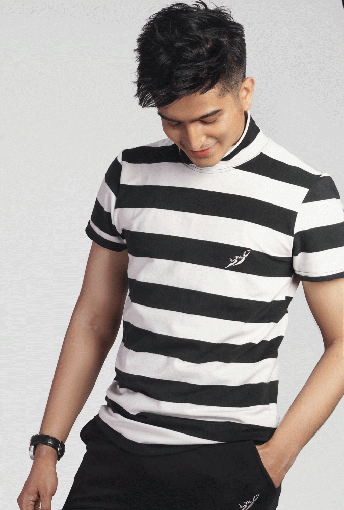 White and Black Stripe Turtleneck  T-shirt