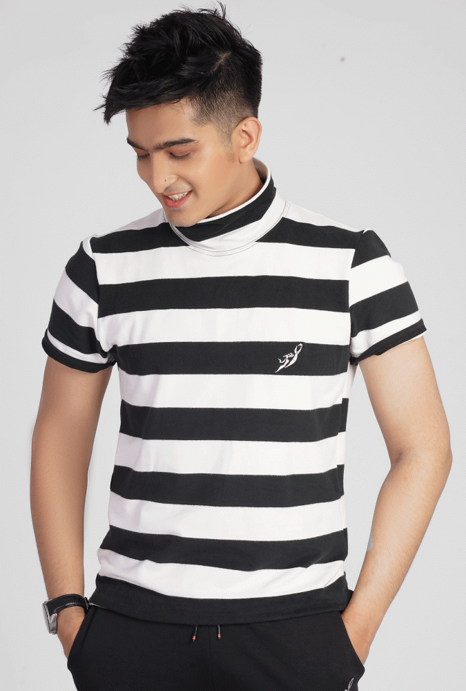 White and Black Stripe Turtleneck  T-shirt