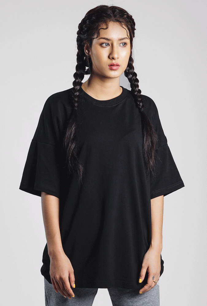 Golden Culture Oversized Premium Loop Cotton Girl T-shirt (Black)