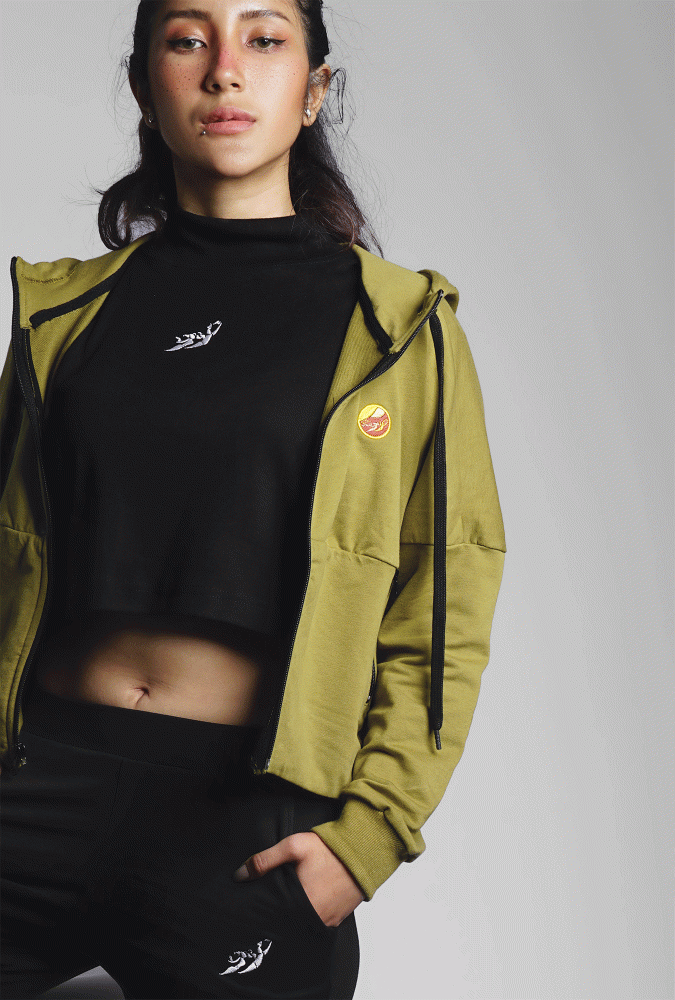 Army Green Zipped Crop Hoodie Girl