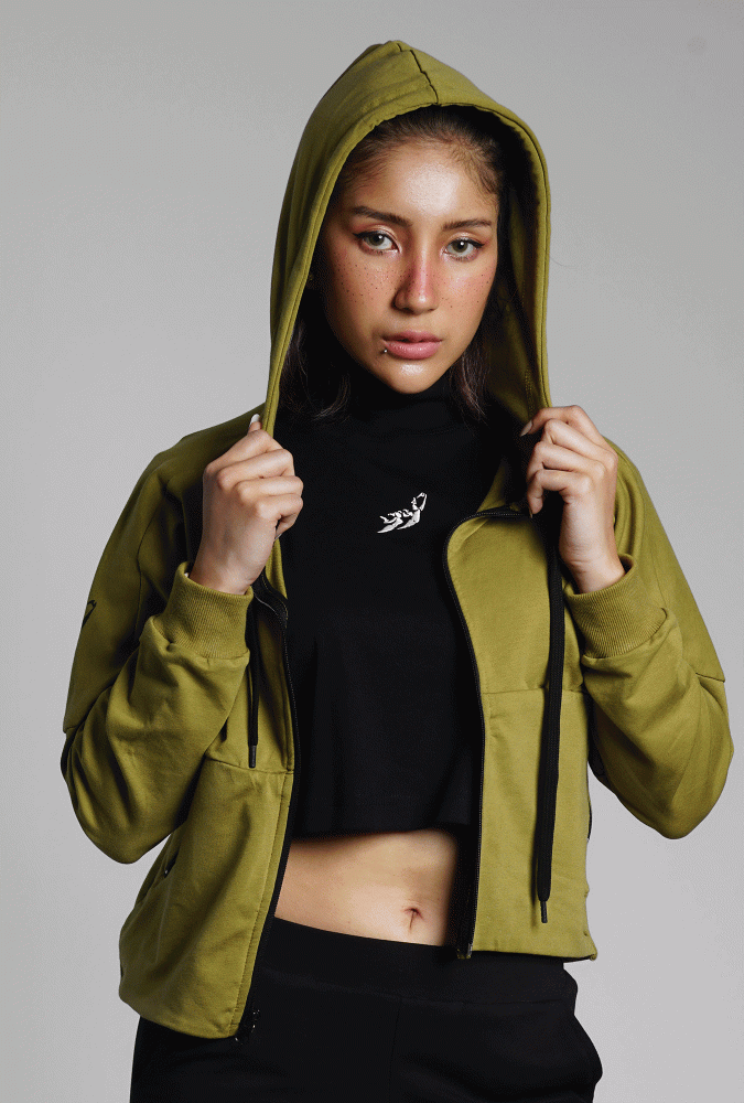 Army Green Zipped Crop Hoodie Girl